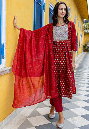 Embroidered Chanderi Silk A Line Suit in Maroon