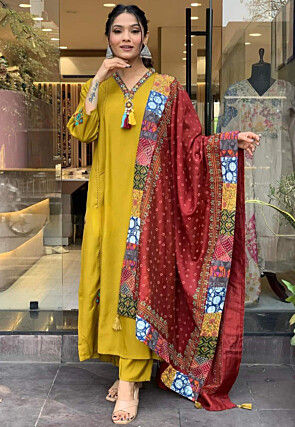 Embroidered Chanderi Silk A Line Suit in Mustard