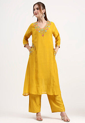 Embroidered Chanderi Silk A Line Suit in Mustard