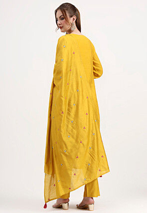 Embroidered Chanderi Silk A Line Suit in Mustard