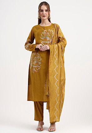 Embroidered Chanderi Silk A Line Suit in Mustard