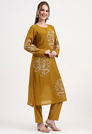 Embroidered Chanderi Silk A Line Suit in Mustard