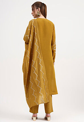 Embroidered Chanderi Silk A Line Suit in Mustard