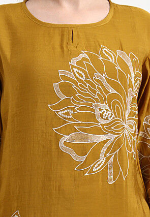 Embroidered Chanderi Silk A Line Suit in Mustard