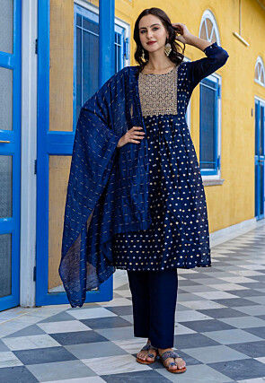 Embroidered Chanderi Silk A Line Suit in Navy Blue