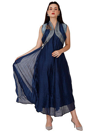 Embroidered Chanderi Silk A Line Suit in Navy Blue