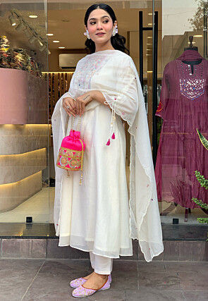 Embroidered Chanderi Silk A Line Suit in Off White