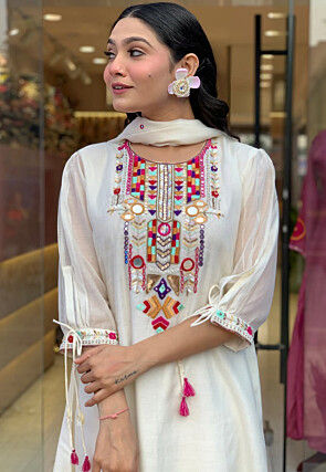 Embroidered Chanderi Silk A Line Suit in Off White