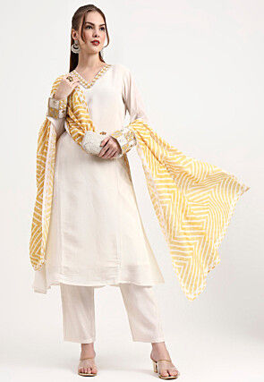 Embroidered Chanderi Silk A Line Suit in Off White