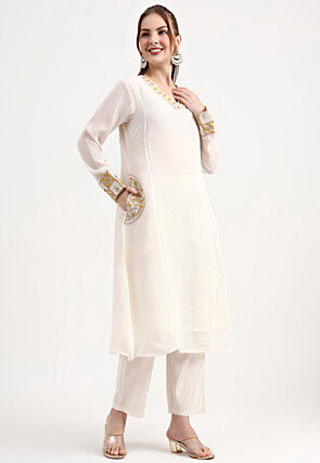 Embroidered Chanderi Silk A Line Suit in Off White
