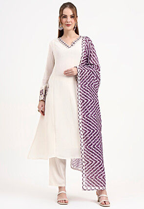 Embroidered Chanderi Silk A Line Suit in Off White