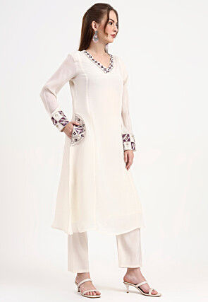 Embroidered Chanderi Silk A Line Suit in Off White
