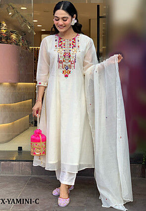 Embroidered Chanderi Silk A Line Suit in Off White