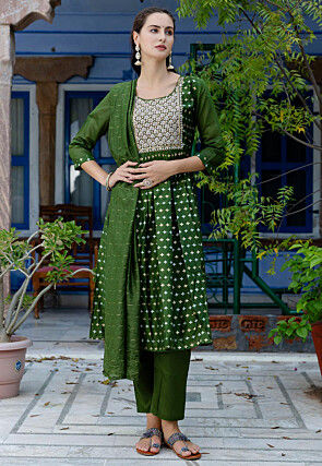 Embroidered Chanderi Silk A Line Suit in Olive Green