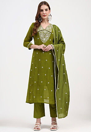Embroidered Chanderi Silk A Line Suit in Olive Green