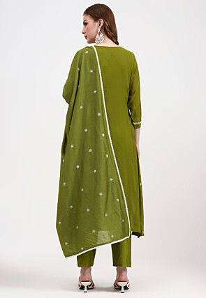Embroidered Chanderi Silk A Line Suit in Olive Green
