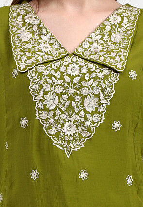 Embroidered Chanderi Silk A Line Suit in Olive Green