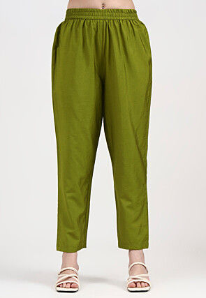 Embroidered Chanderi Silk A Line Suit in Olive Green