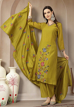 Embroidered Chanderi Silk A Line Suit in Olive Green