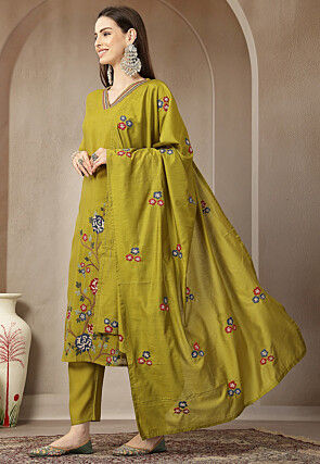Embroidered Chanderi Silk A Line Suit in Olive Green
