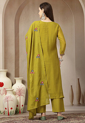 Embroidered Chanderi Silk A Line Suit in Olive Green