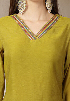 Embroidered Chanderi Silk A Line Suit in Olive Green