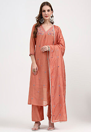 Embroidered Chanderi Silk A Line Suit in Peach