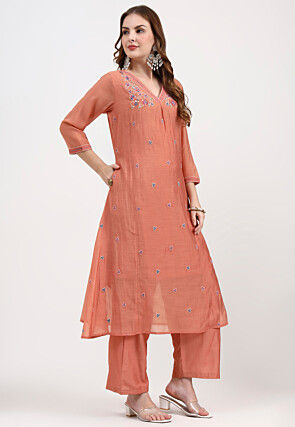 Embroidered Chanderi Silk A Line Suit in Peach