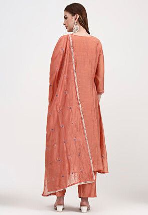 Embroidered Chanderi Silk A Line Suit in Peach