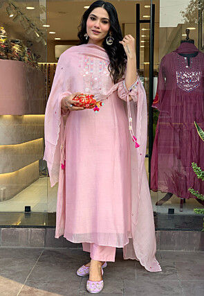Embroidered Chanderi Silk A Line Suit in Pink