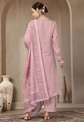 Embroidered Chanderi Silk A Line Suit in Pink