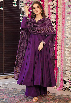 Embroidered Chanderi Silk A Line Suit in Purple