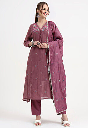 Embroidered Chanderi Silk A Line Suit in Purple