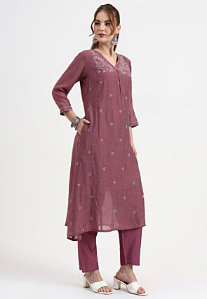 Embroidered Chanderi Silk A Line Suit in Purple