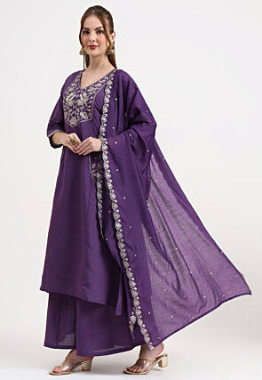 Embroidered Chanderi Silk A Line Suit in Purple