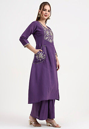 Embroidered Chanderi Silk A Line Suit in Purple