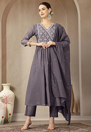 Embroidered Chanderi Silk A Line Suit in Purple