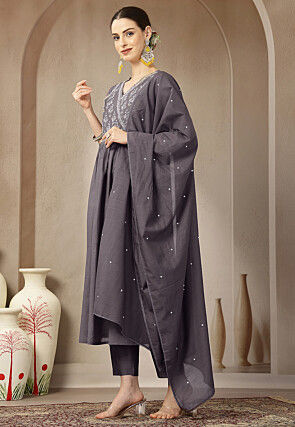 Embroidered Chanderi Silk A Line Suit in Purple