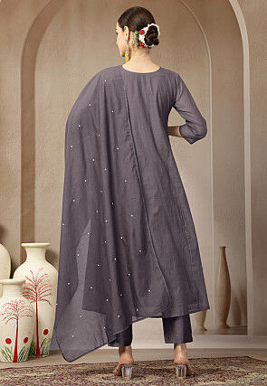 Embroidered Chanderi Silk A Line Suit in Purple