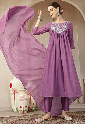 Embroidered Chanderi Silk A Line Suit in Purple