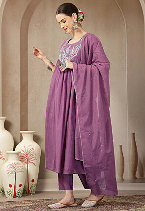 Embroidered Chanderi Silk A Line Suit in Purple