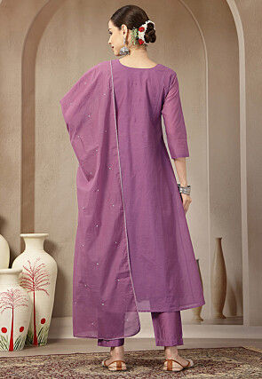 Embroidered Chanderi Silk A Line Suit in Purple