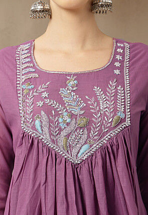 Embroidered Chanderi Silk A Line Suit in Purple