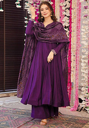 Embroidered Chanderi Silk A Line Suit in Purple