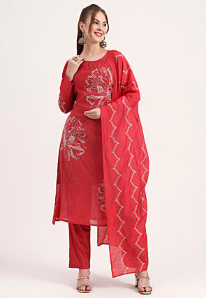 Embroidered Chanderi Silk A Line Suit in Red