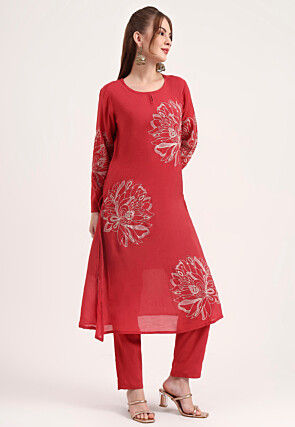 Embroidered Chanderi Silk A Line Suit in Red