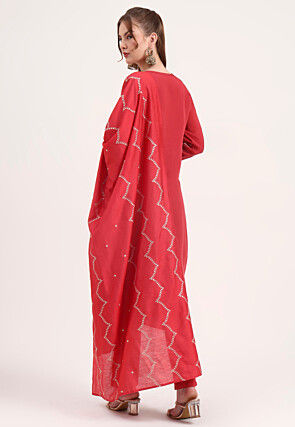 Embroidered Chanderi Silk A Line Suit in Red