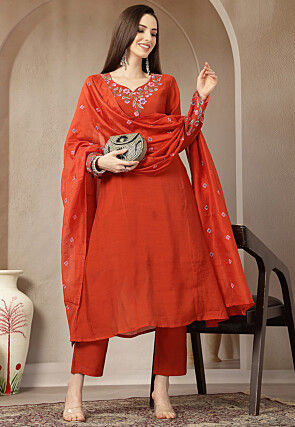 Embroidered Chanderi Silk A Line Suit in Rust