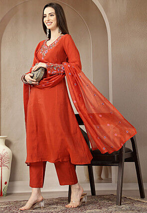 Embroidered Chanderi Silk A Line Suit in Rust
