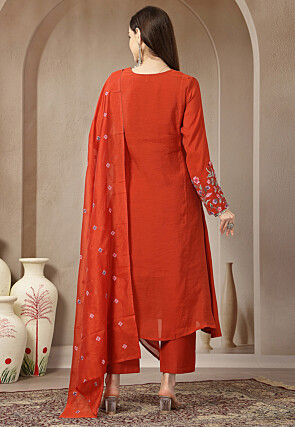 Embroidered Chanderi Silk A Line Suit in Rust